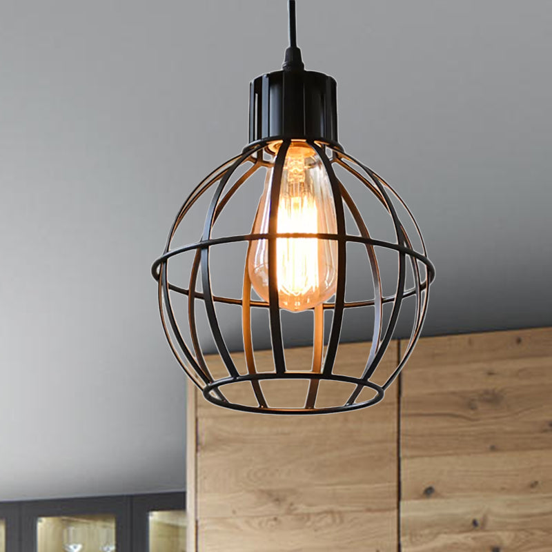 Industrial Black Metal Pendant Light With Cage Shade - Ideal For Restaurants