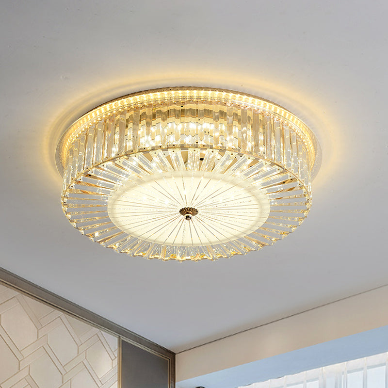 Contemporary Led Flush Mount With Clear Crystal Drum Shade - Ideal For Sleeping Rooms