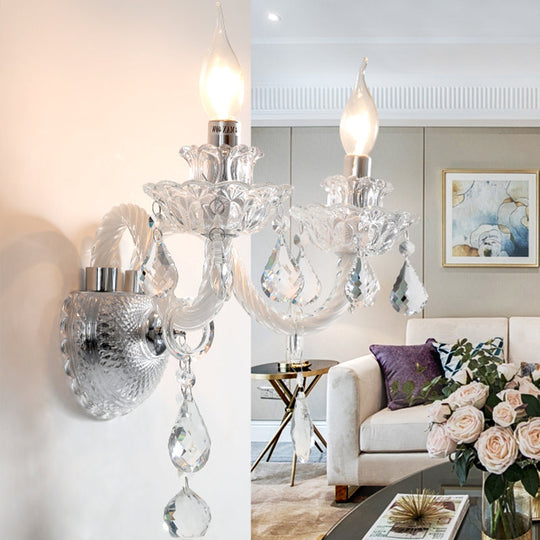 Contemporary Candelabra Wall Sconce With Clear Faceted Crystals And Droplets - 2 Bulbs
