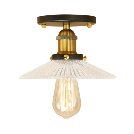 Semi Mount Ribbed Glass Cone Ceiling Light In Black/Brass/Copper - Industrial Style For Living Room
