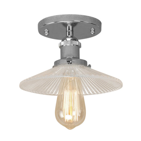 Semi Mount Ribbed Glass Cone Ceiling Light In Black/Brass/Copper - Industrial Style For Living Room