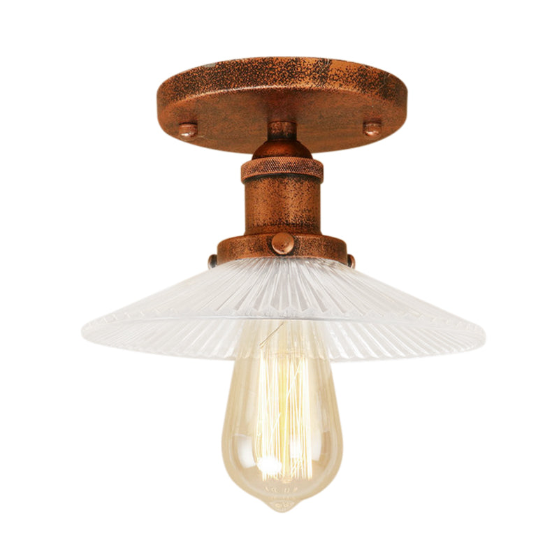 Semi Mount Ribbed Glass Cone Ceiling Light In Black/Brass/Copper - Industrial Style For Living Room