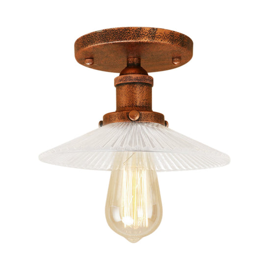 Semi Mount Ribbed Glass Cone Ceiling Light In Black/Brass/Copper - Industrial Style For Living Room