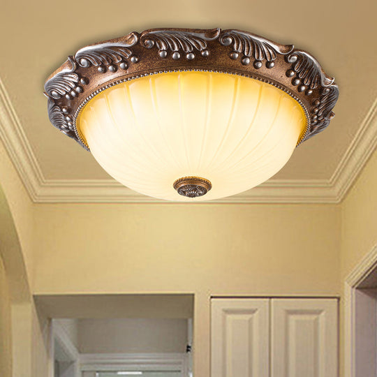 Country Style Led Ceiling Fixture - Brown Fluted Opal Glass 14’/16’ Width Flush Mount Lighting / 14’