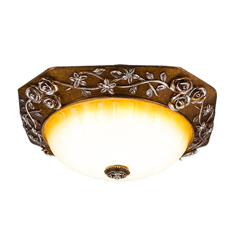 Traditional Flush Mount Led Ceiling Light With Carved Bloom Design In Brown 14’/16’ Wide
