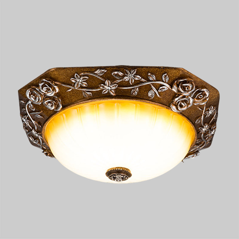 Traditional Flush Mount Led Ceiling Light With Carved Bloom Design In Brown 14’/16’ Wide