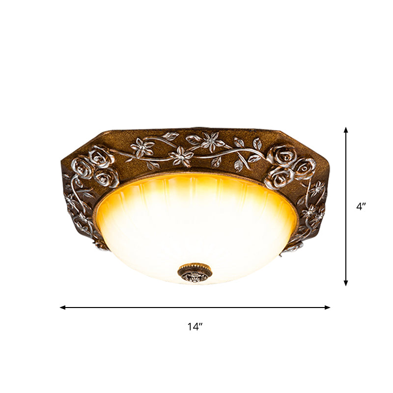 Traditional Flush Mount Led Ceiling Light With Carved Bloom Design In Brown 14’/16’ Wide