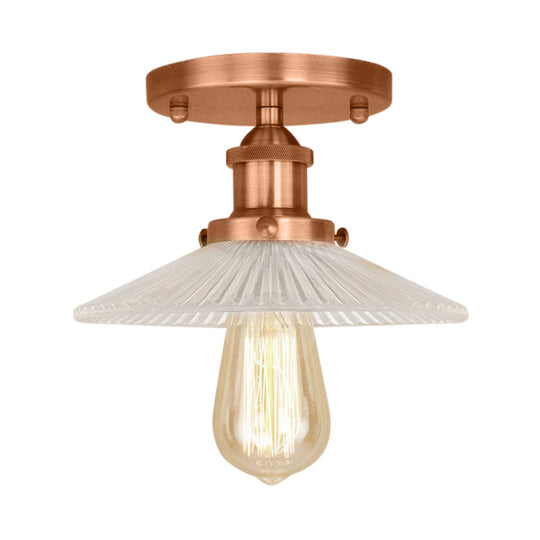 Semi Mount Ribbed Glass Cone Ceiling Light In Black/Brass/Copper - Industrial Style For Living Room