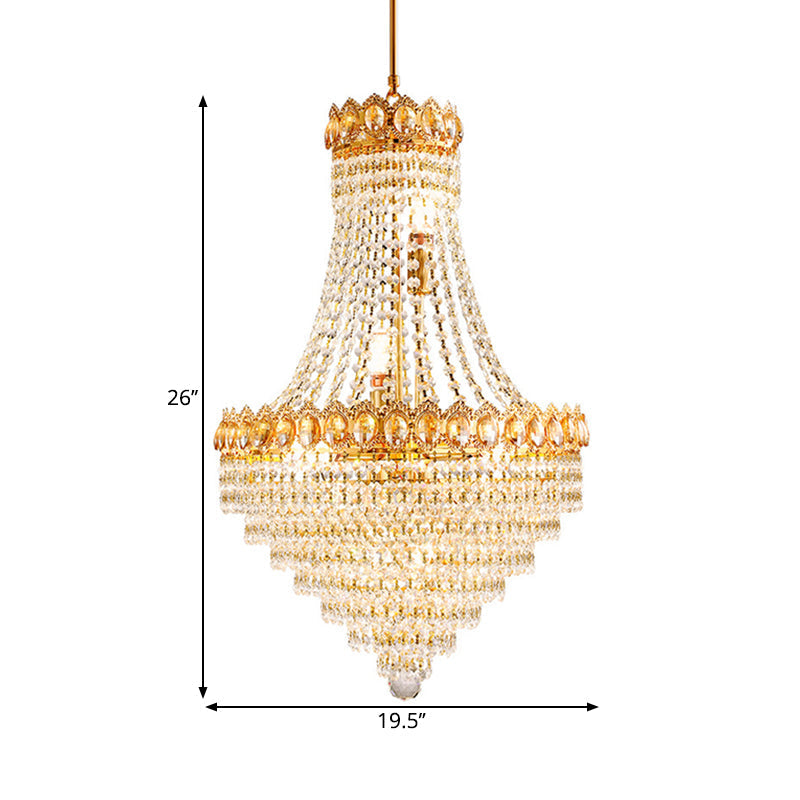 Contemporary Gold Crystal Ceiling Chandelier With Conical Down Lighting - Ideal For Parlor 5/8-Bulb
