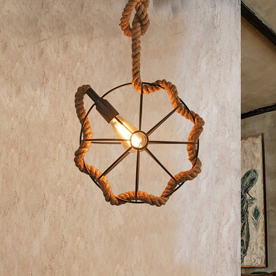 Adjustable Industrial Pendant Light With Beige Rope And Metal Cage Design