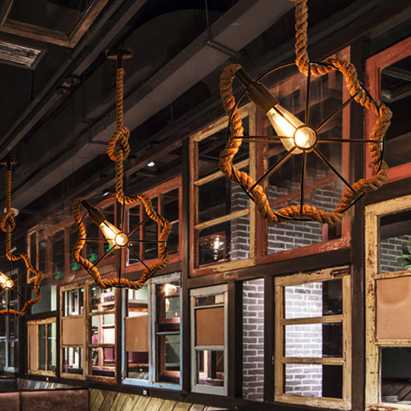 Adjustable Industrial Pendant Light With Beige Rope And Metal Cage Design