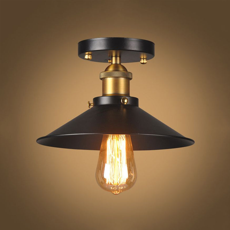9.5’-10’ Dia Flat Shade Ceiling Mounted Light: Industrial Metallic Single Head Flush Light In Black