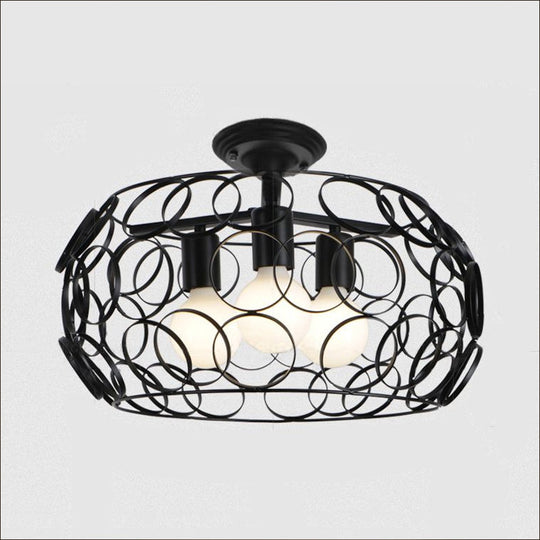 Black Drum Design Semi Flush Light - Vintage Retro Metallic 3-Head Foyer Mount 16’/16.5’ W