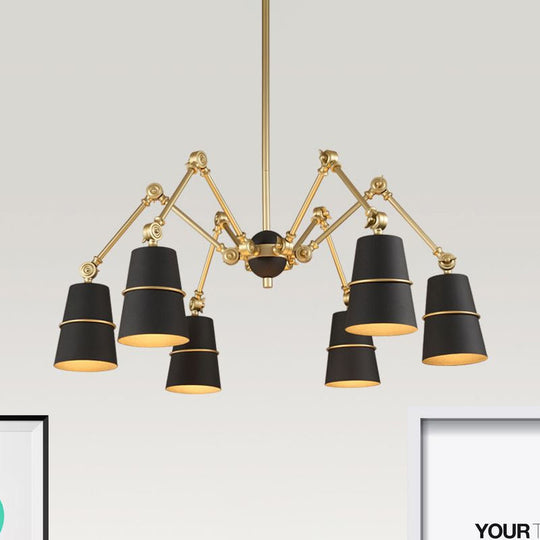 Retro Style 6-Light Spider Chandelier With Cone Shades - Black & Gold Metal Suspension Light