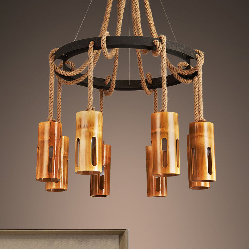 Lodge Style Bamboo Chandelier Pendant Lamp With Multi Lights And Hanging Rope