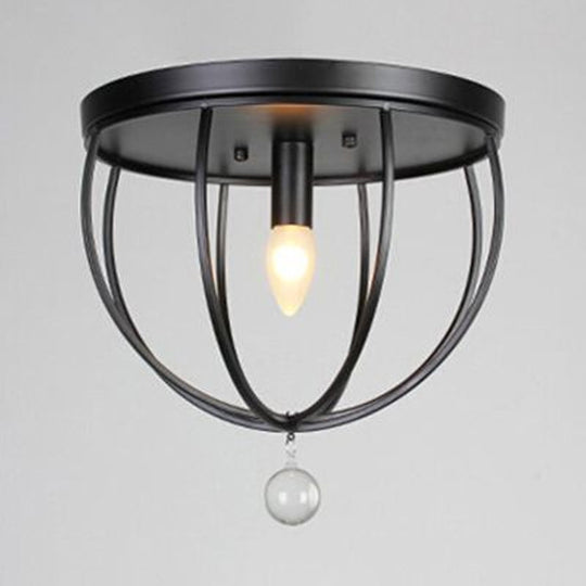 Retro Black Metallic Flush Mount Ceiling Light With Wire Cage And Clear Crystal Ball - 1/4/5 Heads