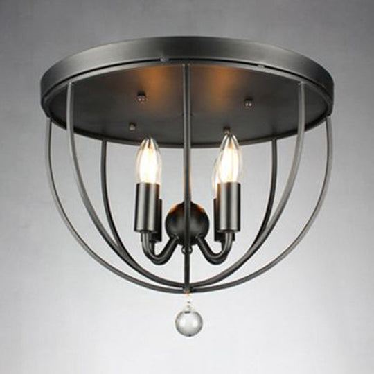 Retro Black Metallic Flush Mount Ceiling Light With Wire Cage And Clear Crystal Ball - 1/4/5 Heads