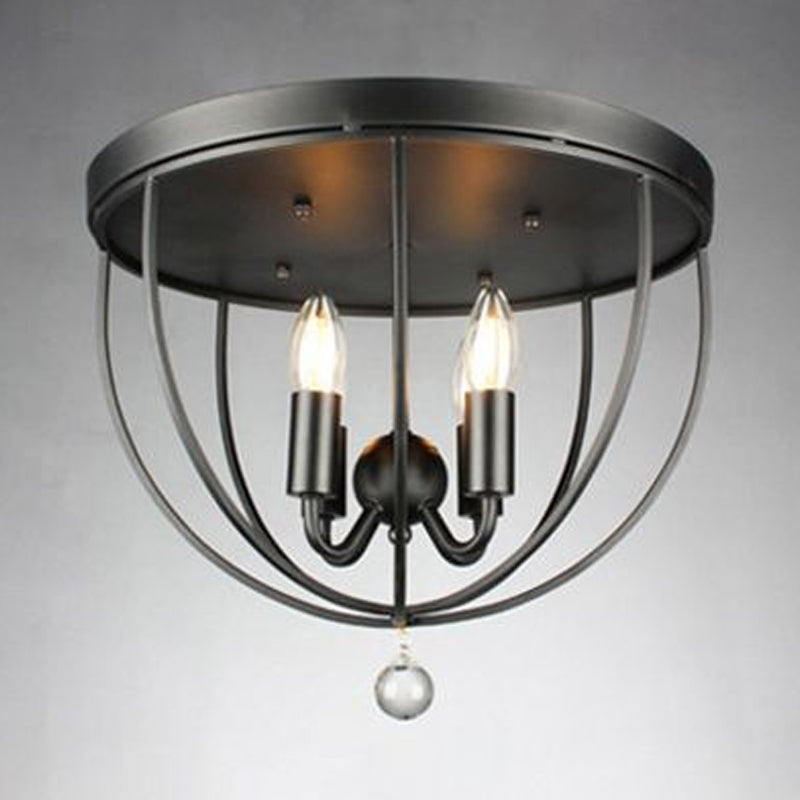 Retro Black Metallic Flush Mount Ceiling Light With Wire Cage And Clear Crystal Ball - 1/4/5 Heads