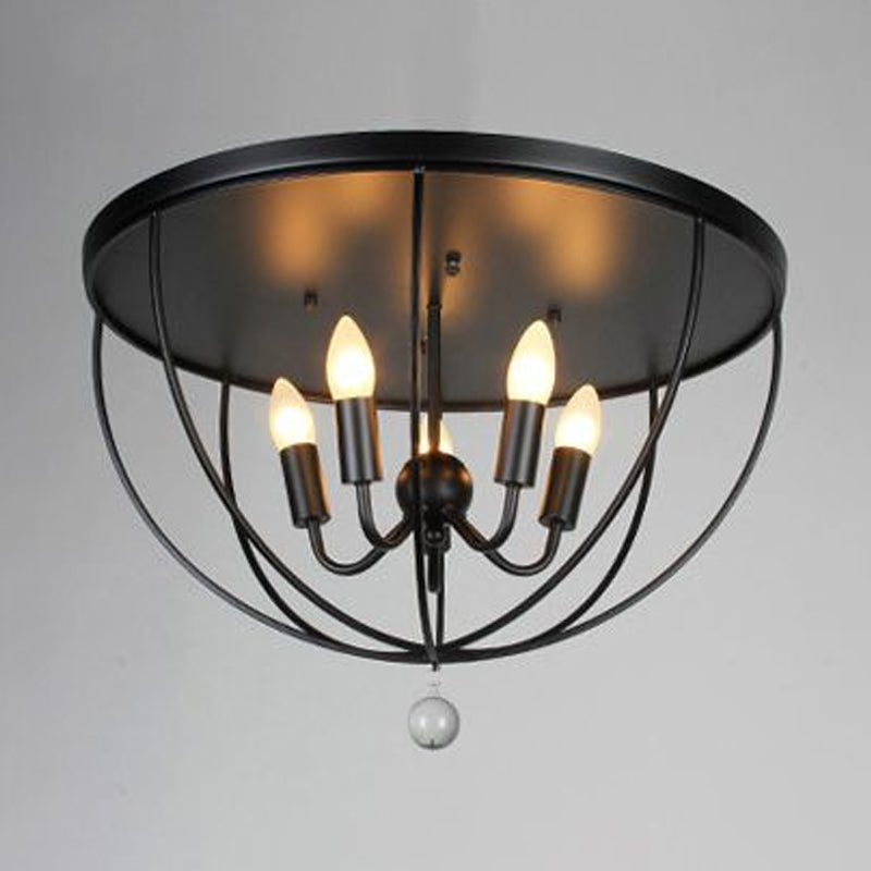 Retro Black Metallic Flush Mount Ceiling Light With Wire Cage And Clear Crystal Ball - 1/4/5 Heads