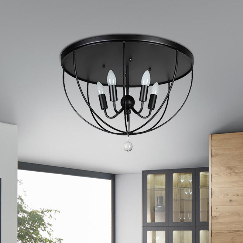 Retro Black Metallic Flush Mount Ceiling Light With Wire Cage And Clear Crystal Ball - 1/4/5 Heads