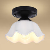 Sleek Black Scalloped Living Room Semi Flush Industrial Ceiling Light With Milky Glass