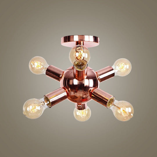 Vintage Copper Starburst Ceiling Light With Bare Bulb - Ideal For Restaurants (6/9 Heads)