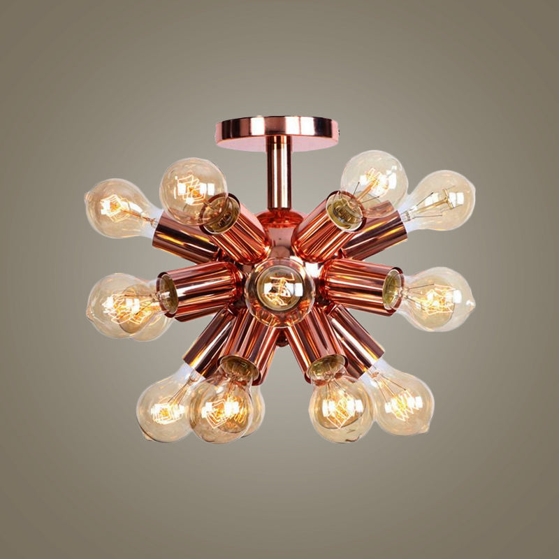 Vintage Copper Starburst Ceiling Light With Bare Bulb - Ideal For Restaurants (6/9 Heads)