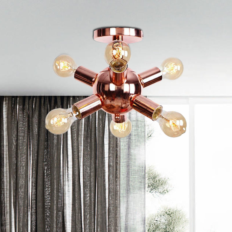 Vintage Copper Starburst Ceiling Light With Bare Bulb - Ideal For Restaurants (6/9 Heads)