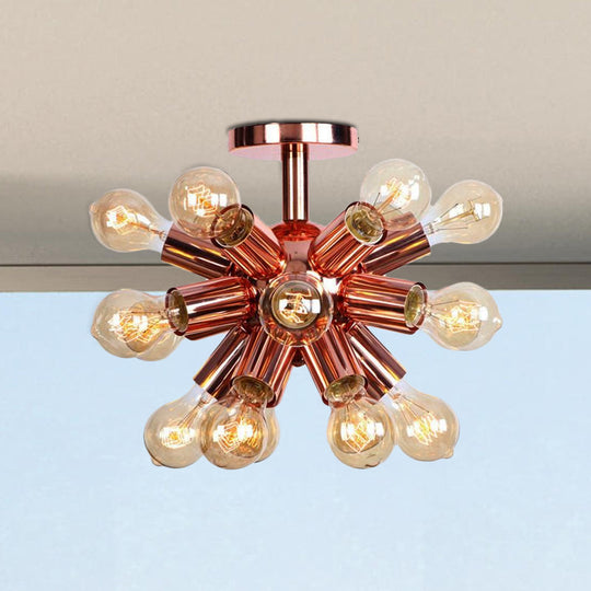 Vintage Copper Starburst Ceiling Light With Bare Bulb - Ideal For Restaurants (6/9 Heads)