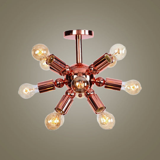 Vintage Copper Finish 6/9 Lights Starburst Semi Flush Ceiling Light For Bedroom