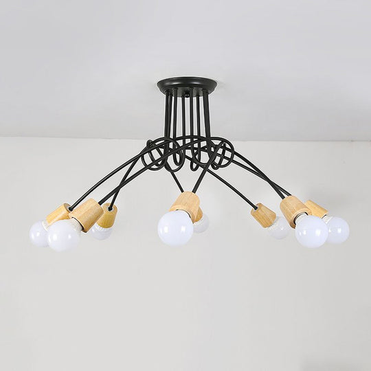 Loft Style Metal Ceiling Light With Open Bulb & Twisted Arm – 3/5 Lights Wood Accent Perfect For