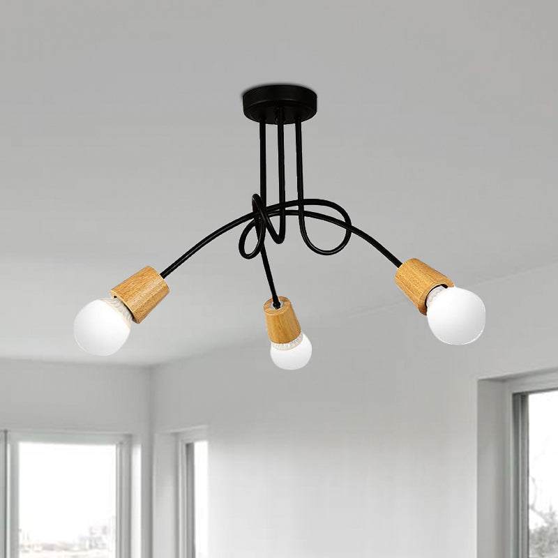 Loft Style Metal Ceiling Light With Open Bulb & Twisted Arm – 3/5 Lights Wood Accent Perfect For