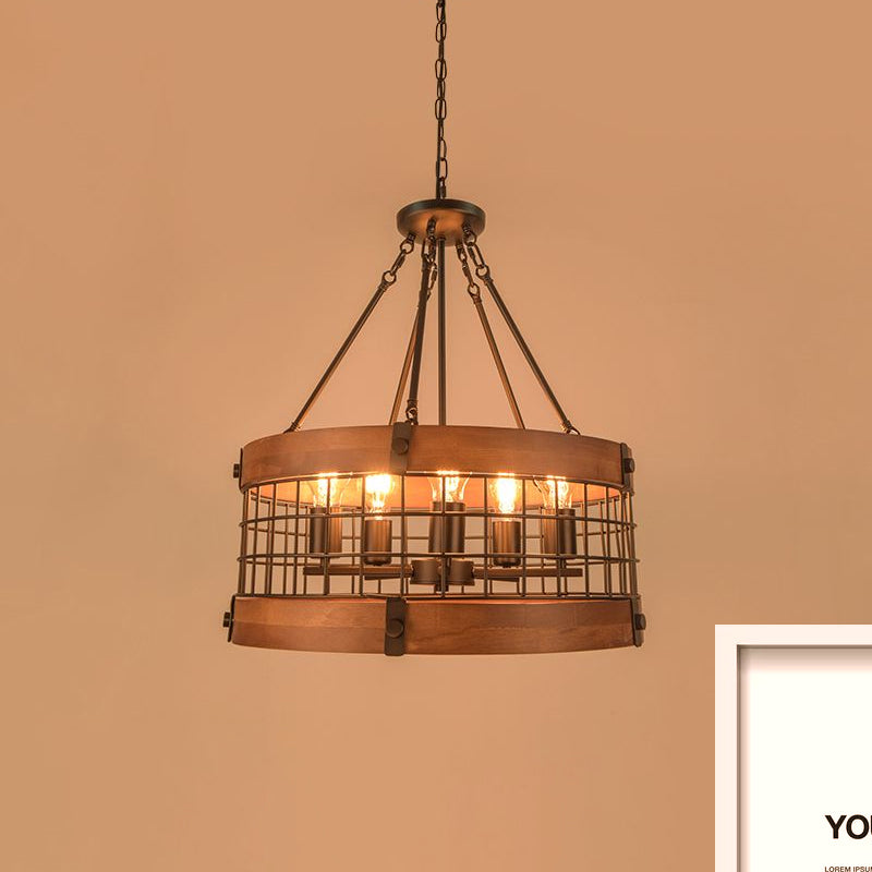 Hanging Farmhouse Suspension Lamp: Drum Metal And Wood Fixture With Mesh Screen Lodge Style Multi