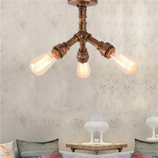 Steampunk 3 - Light Semi Flush Ceiling Fixture With Metallic Pipe Shade In Aged Bronze For Living