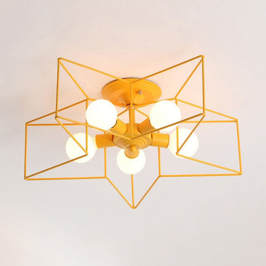 Stylish Grey/Pink Metallic Loft Indoor Semi-Flush Ceiling Light With Star Cage Shade - Set Of 5