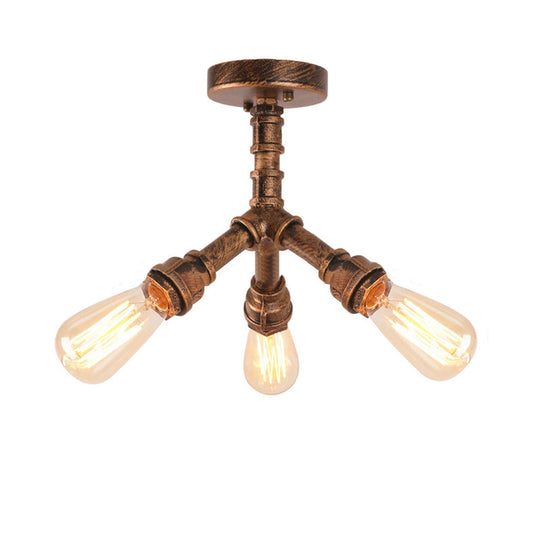 Steampunk 3 - Light Semi Flush Ceiling Fixture With Metallic Pipe Shade In Aged Bronze For Living