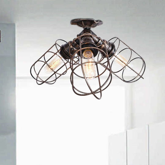 Semi Flush Farmhouse Pendant Light – Rustic Wrought Iron With Wire Frame 3 Lights Bronze/Aged Silver
