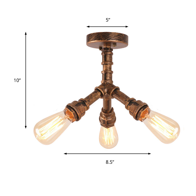 Steampunk 3 - Light Semi Flush Ceiling Fixture With Metallic Pipe Shade In Aged Bronze For Living