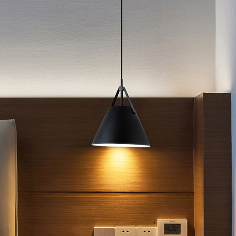 Modernist Conical Pendant Lighting - Metallic Suspension Light With Leather Strap Black/Blue