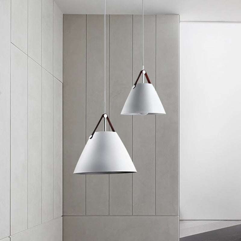 Modernist Conical Pendant Lighting - Metallic Suspension Light With Leather Strap Black/Blue