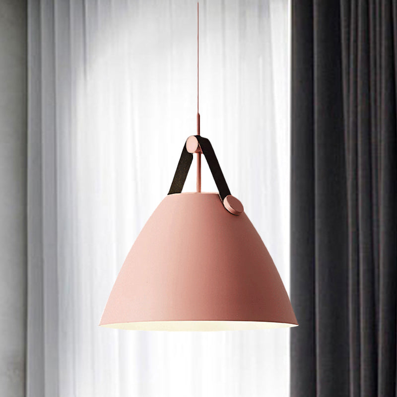 Modernist Conical Pendant Light 10.5/14 W 1-Bulb Metallic Suspension With Leather Strap Black/Blue