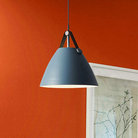 Modernist Conical Pendant Lighting - Metallic Suspension Light With Leather Strap Black/Blue