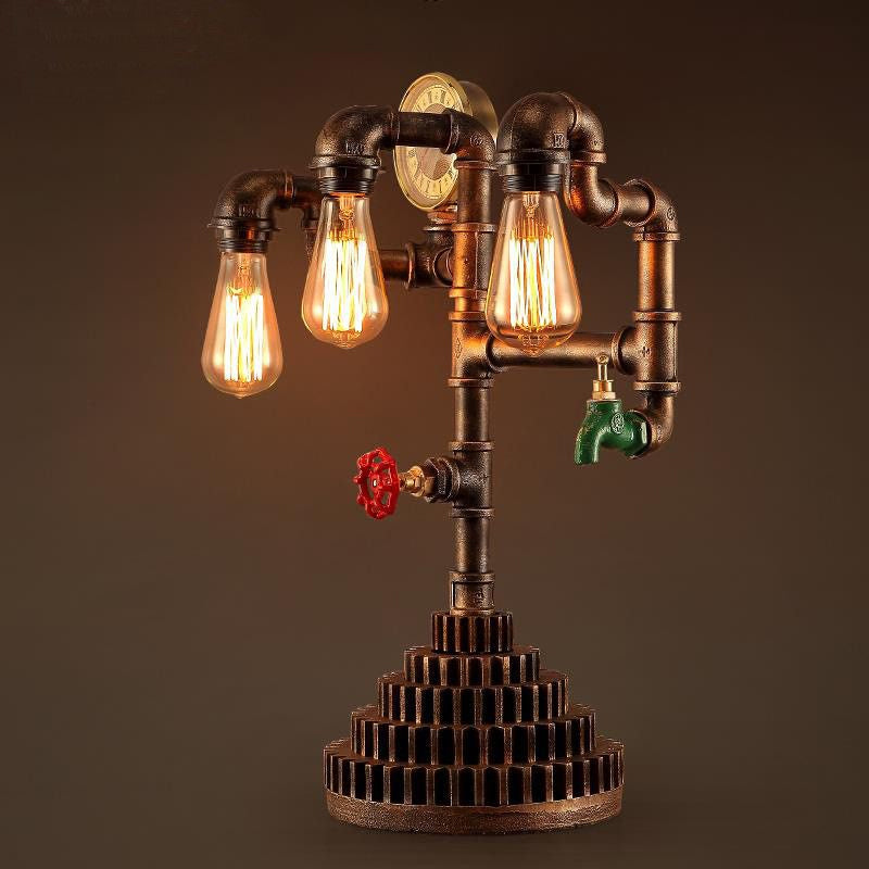 Steampunk Wrought Iron Standing Light - Vintage 3-Light Living Room Table Lamp In Bronze