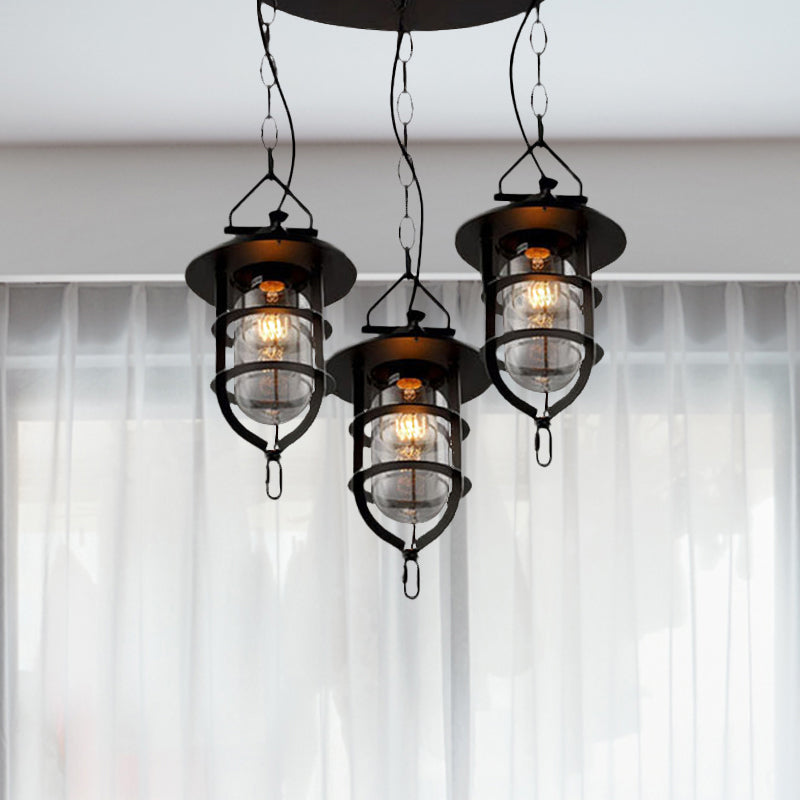 Vintage Black Caged Glass Multi Pendant 3-Light Fixture For Living Room - Round Canopy Hangs With