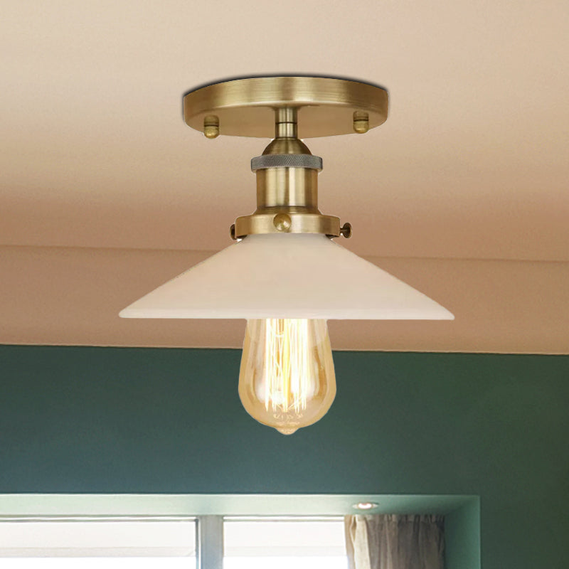 Vintage Style Metal Semi-Flush Mount Ceiling Light With Conical Shape - 1 Fixture In Bronze/Brass