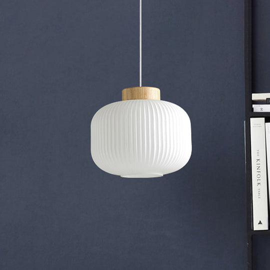 Modern Milk Glass Ribbed Cylinder Pendant Light - 5.5’/8’/12’ 1 White Ceiling Fixture For