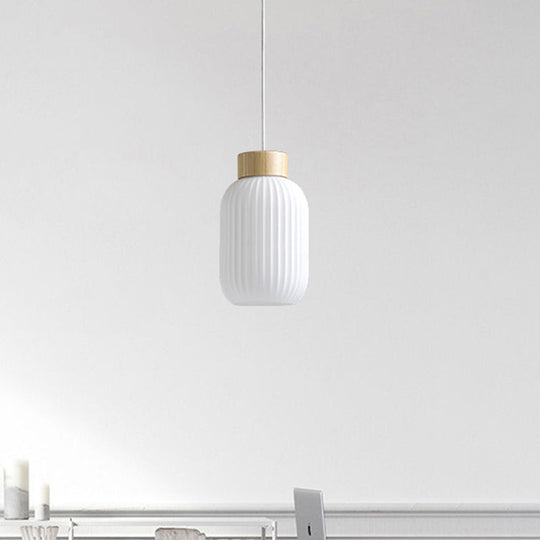 Modern Milk Glass Ribbed Cylinder Pendant Light - 5.5’/8’/12’ 1 White Ceiling Fixture For