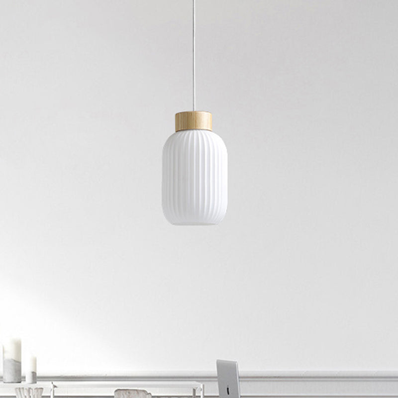 Modern 1-Light Milk Glass Ribbed Cylinder Pendant Light For Restaurants - 5.5 8 12 Diameter White