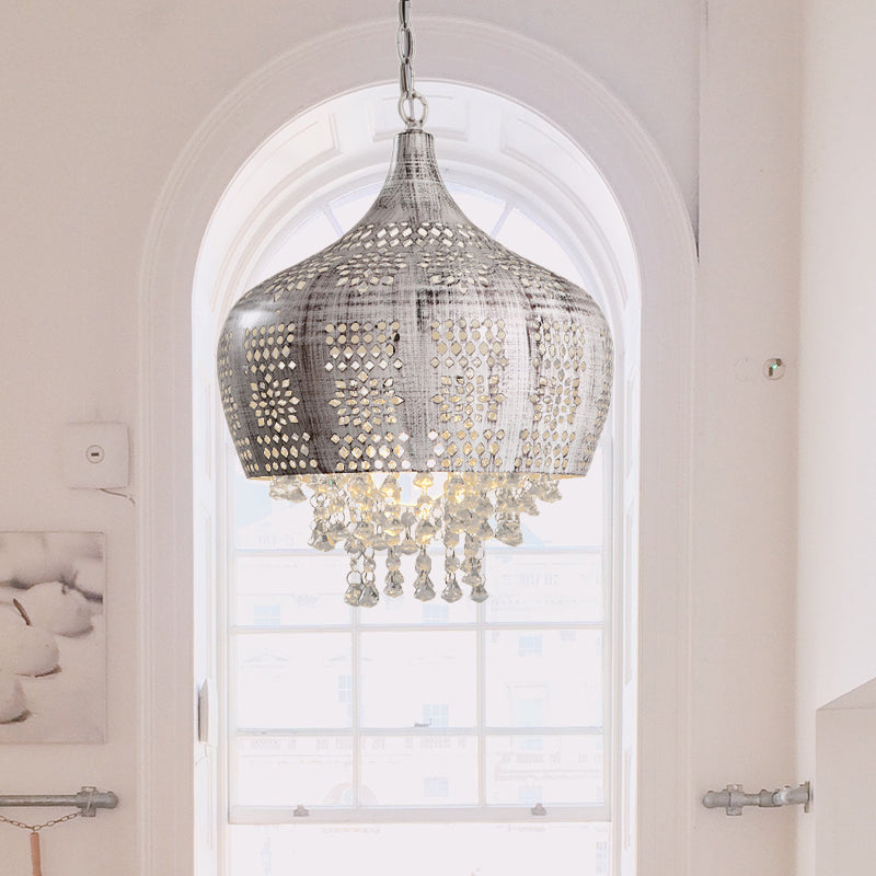 Distressed White Vintage Dome Ceiling Pendant With Crystal Deco Wrought Iron And Pierced Design