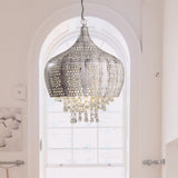 Distressed White Vintage Dome Ceiling Pendant With Crystal Deco Wrought Iron And Pierced Design